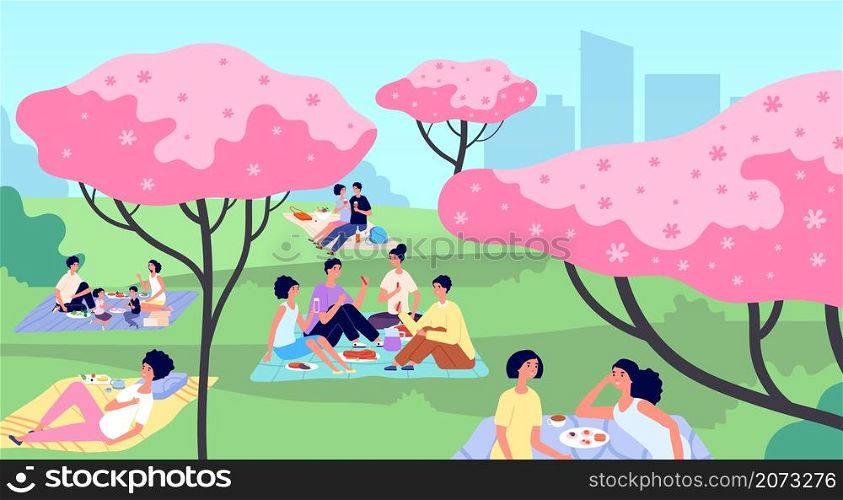 Picnic in city park. Family picnics, rest on nature landscape. People walking, cartoon spring summer families activities utter vector concept. Park city picnic, family rest together illustration. Picnic in city park. Family picnics, rest on nature landscape. People walking, cartoon spring summer families activities utter vector concept