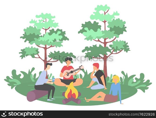 Picnic in forest, friends sitting near bonfire. Man character playing guitar, people listening sound, leisure near green trees and bushes, hobby vector. People Leisure in Forest, Picnic and Friend Vector