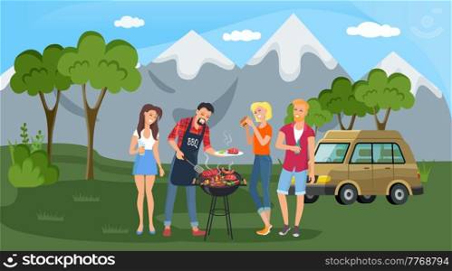 Picnic in forest or park. Happy friends cooking food outdoors. Young people having fun and relaxing in nature with grill. Men grilling meat steaks, vegetables and sausages. Characters on barbecue. Picnic in forest or park. Happy friends cooking food outdoors. Young people having fun and relaxing