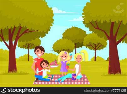 Picnic in forest or park in spring. Happy family with fresh fruits and ice cream. Group of people drinking and eating food outdoors. Parents with children having fun and relaxing in nature summertime. Picnic in forest or park in spring. Happy family with fresh fruits and ice cream sitting on grass