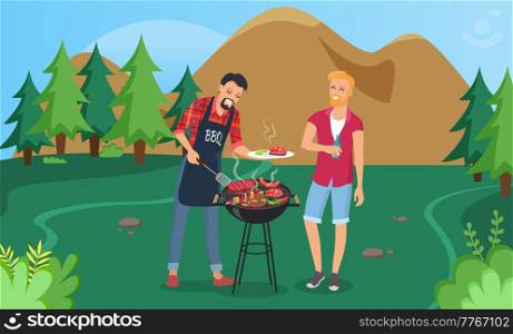 Picnic in forest or park in spring. Male characters cooking food outdoors. Guys having fun and relaxing in nature with grill. Men grilling meat steaks, vegetables and sausages. People on barbecue. Men are grilling meat steaks, vegetables and sausages. People on barbecue in forest or park