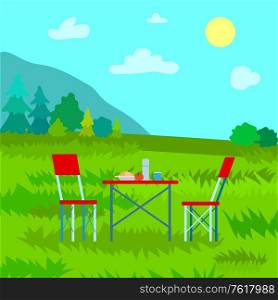 Picnic in mountains, table served by meal and thermos, couple chairs. Landscape view on top, clouds and sun, forest and grass, dinning outdoor vector. Landscape View on Top, Dinning on Mountains Vector