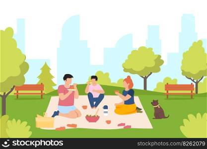 Picnic in park. Friends eating salad and drinking tea from thermos. Male and female characters spending leisure time together. Young people chilling outside in nature vector illustration. Picnic in park. Friends eating salad and drinking tea from thermos. Male and female characters spending leisure time
