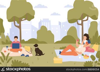Picnic in park. Summer leisure activity, couple sitting on blanket together, eating apple fruit. Male freelancer working with laptop outdoor and drinking tea. People chilling in summertime vector. Picnic in park. Summer leisure activity, couple sitting on blanket together, eating apple fruit. Male freelancer