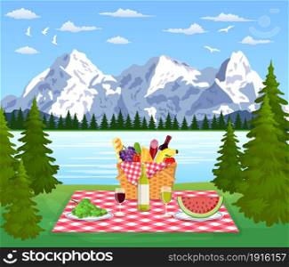 Picnic in the Mountains. WIcker picnic basket full of products. Vector illustration in flat style. Picnic in the Mountains