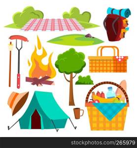 Picnic Items Vector. Tent, Campfire, Sausages, Basket. Hike Summer Vacation Isolated Flat Cartoon Illustration. Picnic Items Vector. Tent, Campfire, Sausages, Basket. Hike, Summer Vacation. Isolated Cartoon Illustration