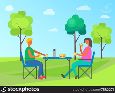 Picnic of couple vector, people eating fast food on nature. Outdoors activities of woman and man, trees and greenery of natural surroundings, warm weather. Picnic of Couple People Eating Fast Food on Nature