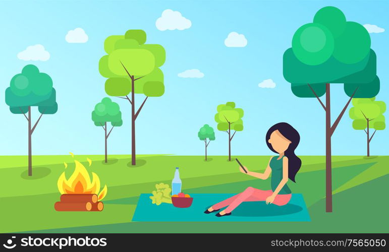 Picnic of woman sitting on cloth nature greenery vector. Trees and person reading information from mobile phone. Basket with products veggies food. Picnic of Woman Sitting on Cloth Nature Greenery
