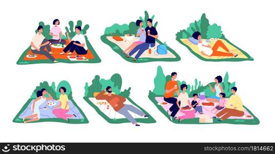 Picnic on nature. Family vacation, picnics spring or summer. People eat lunch in park, friends weekend. Healthy recreation utter vector scenes. Family picnic lunch, spring outdoor holiday illustration. Picnic on nature. Family vacation, picnics spring or summer. People eat lunch in park, fun friends meet weekend. Healthy recreation utter vector scenes