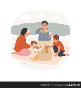 Picnic on seashore isolated cartoon vector illustration. Happy family members sitting on blanket on sand, food in picnic basket, travel to the seaside, lunch at the beach vector cartoon.. Picnic on seashore isolated cartoon vector illustration.