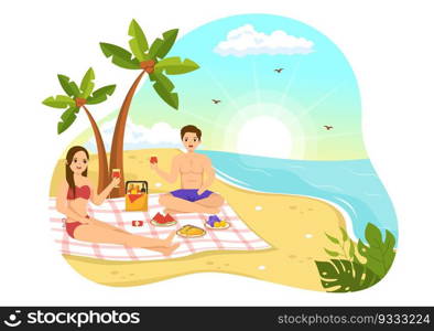 Picnic Outdoors Vector Illustration of People Sitting on a Green Grass in Nature on Summer Holiday Vacations in Flat Cartoon Hand Drawn Templates