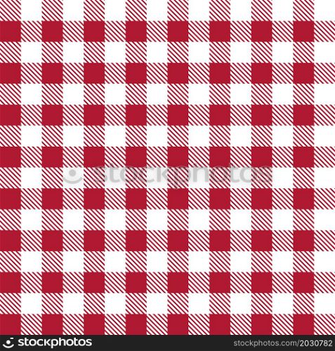 Picnic pattern. Red gingham. Red-white tablecloth or napkin. Square cloth for plaid, blanket or kitchen. Checkered seamless background. Texture for restaurant, menu and table. Vector.