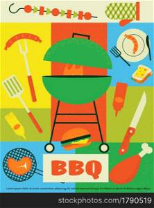 Picnic poster. Cartoon summer weekend background with kicked basket. Barbecue food and drinks. Restaurant grill menu. BBQ meat flyer concept. Vector camping outdoor recreation bright illustration. Picnic poster. Cartoon summer weekend background with kicked basket. Barbecue food and drinks. Restaurant grill menu. BBQ flyer concept. Vector camping outdoor recreation illustration