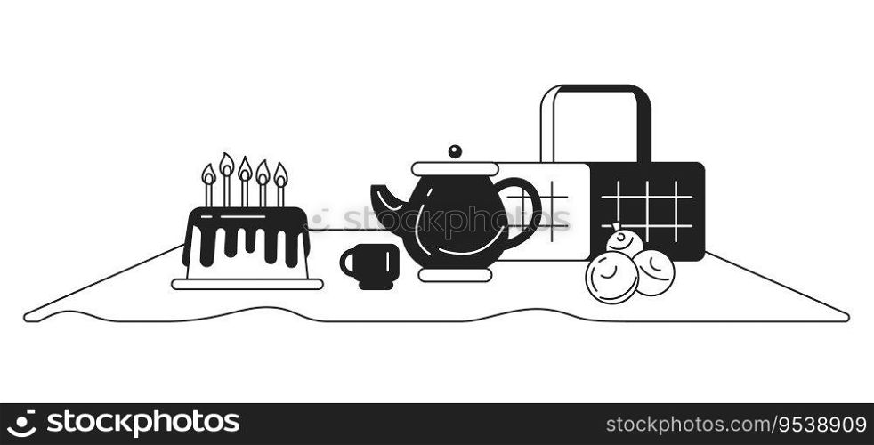 Picnic set monochrome concept vector spot illustration. Birthday cake. Blanket and basket 2D flat bw cartoon objects for web UI design. Isolated editable creative image. Picnic set monochrome concept vector spot illustration