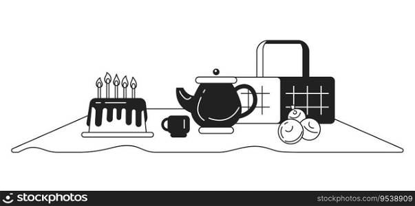 Picnic set monochrome concept vector spot illustration. Birthday cake. Blanket and basket 2D flat bw cartoon objects for web UI design. Isolated editable creative image. Picnic set monochrome concept vector spot illustration