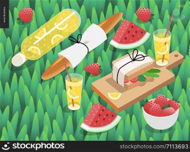 Picnic snack and grass template - vector cartoon flat illustration of snack and drink for picnic - botttle and glass of lemonade, baguette, watermelon, sandwich, on a green grass background. Picnic snack on grass