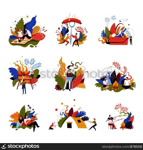 Picnic summer vacation of people roasting sausages vector. Basket with bread and vegetables, man playing guitar for woman, bonfire and warn evening. Roasted food, camping and tent fixation by male. Picnic summer vacation of people roasting sausages vector