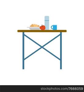 Picnic table served by meal in plate and apple, thermos and cup. Objects for tourism or trip, dinning outdoor, design elements of dishware vector. Objects for Tourism or Trip, Picnic Table Vector