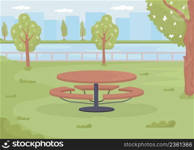 Picnic table surrounded by residential green space flat color vector illustration. Urban environment. Outdoor venue. Green place for picnic in park 2D simple cartoon landscape with city on background. Picnic table surrounded by residential green space flat color vector illustration