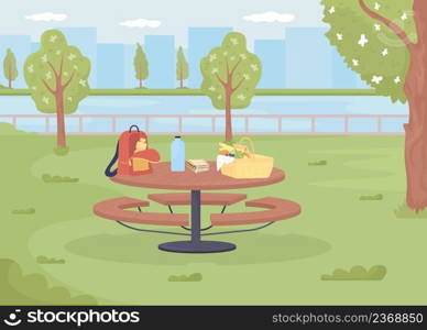 Picnic table with basket and backpack flat color vector illustration. Urban environment. Outdoor venue. Green place for picnic in park 2D simple cartoon landscape with city on background. Picnic table with basket and backpack flat color vector illustration