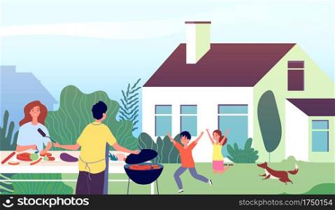 Picnic time. Garden bbq party. Family backyard barbecue cooking. Mother and father with happy children. Vector outdoor leisure illustration. Family grilling barbecue party, summer outdoor cooking. Picnic time. Garden bbq party. Family backyard barbecue cooking. Mother and father with happy children. Vector outdoor leisure illustration