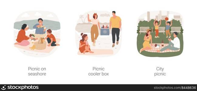 Picnic time isolated cartoon vector illustration set. Happy family members sitting on blanket on sand, seaside picnic, people carry cooler box with cold drinks, lunch in urban park vector cartoon.. Picnic time isolated cartoon vector illustration set.