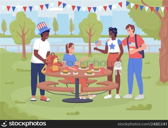 Picnic to celebrate Independence day in park flat color vector illustration. Young friends have fun at July fourth. National American holiday 2D simple cartoon characters with landscape on background. Picnic to celebrate Independence day in park flat color vector illustration