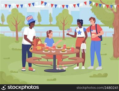 Picnic to celebrate Independence day in park flat color vector illustration. Young friends have fun at July fourth. National American holiday 2D simple cartoon characters with landscape on background. Picnic to celebrate Independence day in park flat color vector illustration