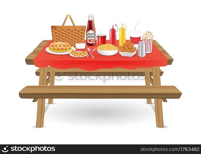picnic wood table with fast food and drink