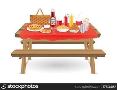 picnic wood table with fast food and drink
