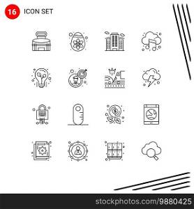 Pictogram Set of 16 Simple Outlines of bulb, music, building, cloud, city Editable Vector Design Elements