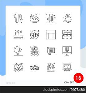 Pictogram Set of 16 Simple Outlines of cake, fruit, soup, food, science Editable Vector Design Elements