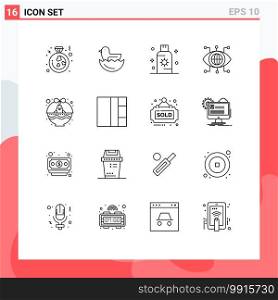 Pictogram Set of 16 Simple Outlines of cart, vision, protection, technology, data Editable Vector Design Elements
