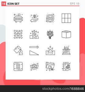 Pictogram Set of 16 Simple Outlines of crown, minimize, clinic, enlarge, layout Editable Vector Design Elements