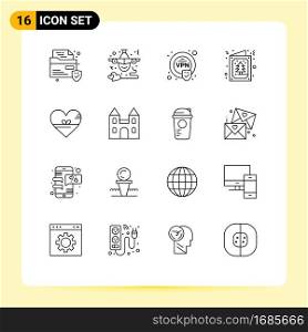 Pictogram Set of 16 Simple Outlines of favorite, heart, encryption, invitation, card Editable Vector Design Elements