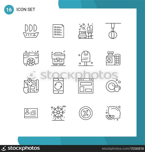Pictogram Set of 16 Simple Outlines of home ware, appliances, task, tree, bench Editable Vector Design Elements