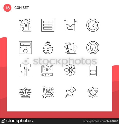 Pictogram Set of 16 Simple Outlines of meter, clock, ux, tools, washing Editable Vector Design Elements