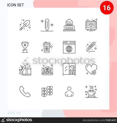 Pictogram Set of 16 Simple Outlines of position, award, city, render, computer Editable Vector Design Elements