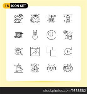 Pictogram Set of 16 Simple Outlines of sports, punching box, office, punching bag, vehicle Editable Vector Design Elements