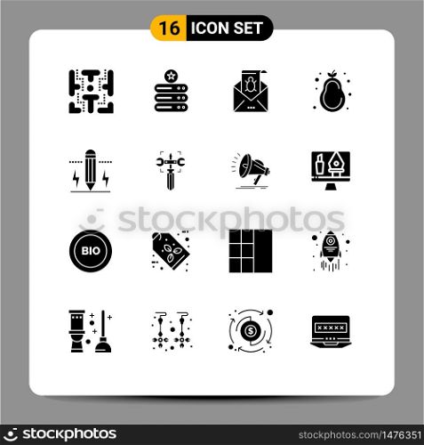 Pictogram Set of 16 Simple Solid Glyphs of healthy diet, virus, bug, threat, malware Editable Vector Design Elements