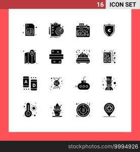 Pictogram Set of 16 Simple Solid Glyphs of location, protection, camera, shield, euro Editable Vector Design Elements