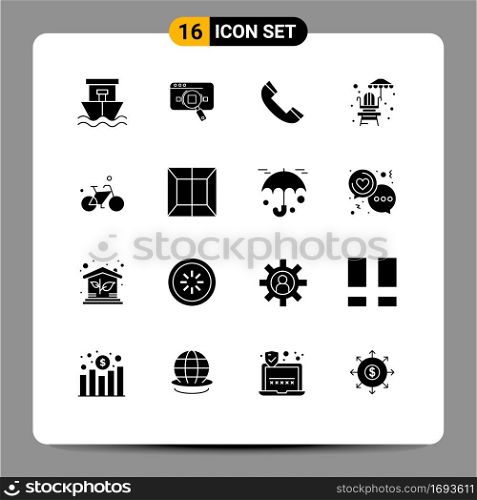 Pictogram Set of 16 Simple Solid Glyphs of park, life guard chair, information, telephone, contact Editable Vector Design Elements