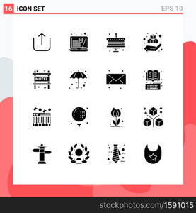 Pictogram Set of 16 Simple Solid Glyphs of umbrella, travel, new year, motel, product Editable Vector Design Elements