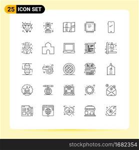 Pictogram Set of 25 Simple Lines of mobile, phone, map, processor, cpu Editable Vector Design Elements
