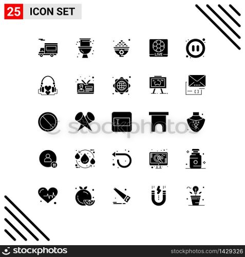 Pictogram Set of 25 Simple Solid Glyphs of audio, screen, dates, game, meal Editable Vector Design Elements