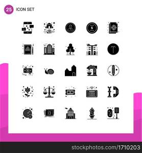 Pictogram Set of 25 Simple Solid Glyphs of coin, user, rent, profile, man Editable Vector Design Elements