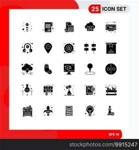 Pictogram Set of 25 Simple Solid Glyphs of music, cloud, investment, coins, savings Editable Vector Design Elements