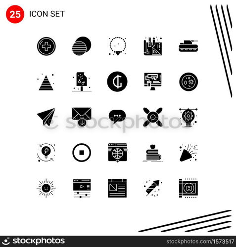 Pictogram Set of 25 Simple Solid Glyphs of tank, military, sun, cannon, blueprints Editable Vector Design Elements