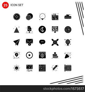 Pictogram Set of 25 Simple Solid Glyphs of tank, military, sun, cannon, blueprints Editable Vector Design Elements