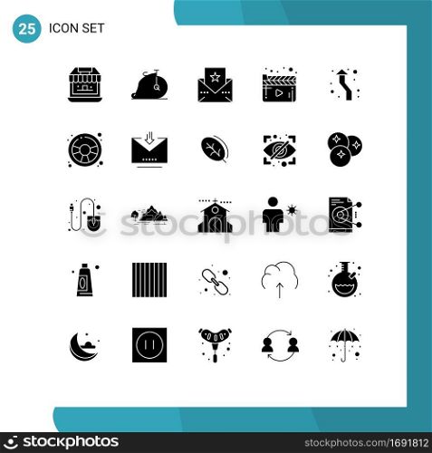 Pictogram Set of 25 Simple Solid Glyphs of up, arrow, greeting, video, movie Editable Vector Design Elements